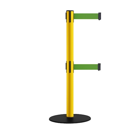 Montour Line Retractable Dbl Belt 2.5" YW Post , Low Base, 7.5'Green Belt S400D-YW-GN-75